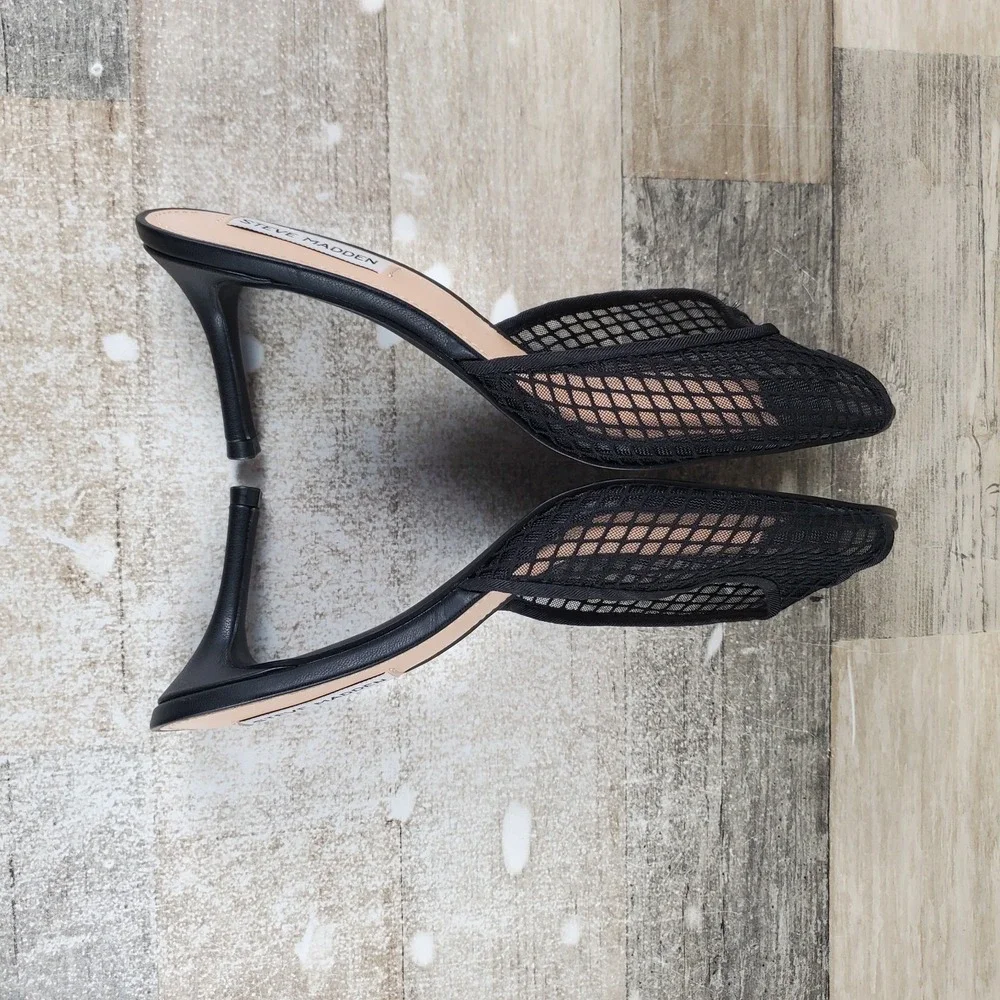 Steve Madden Riveting Womens Dress Sandals Sz 9.5 M Slip On Black Stiletto Heel